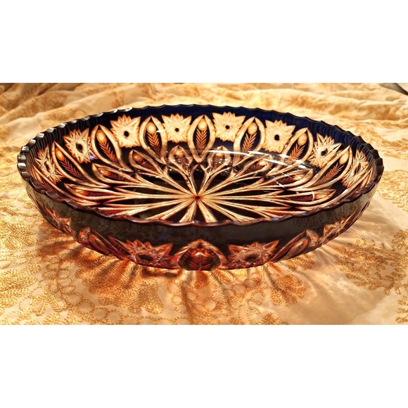 Vintage Czech Bohemian Cut to Clear 12.5" Bowl Feather Pattern Brown Orange - Picture 10 of 16